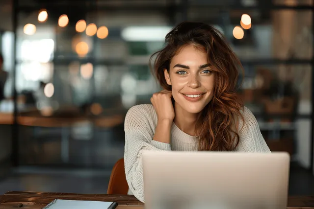 A mature businesswoman smiles while video calling on a laptop at an office desk with warm blurred lights behind.
