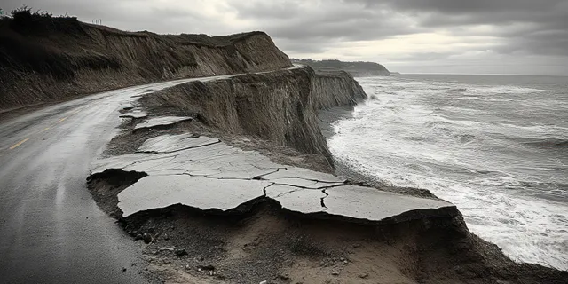 Broken coastal road with cracked asphalt slabs beside a rough ocean under cloudy skies.