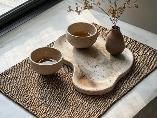 Two ceramic coffee bowls on a concrete tray with a woven placemat and small vase by a window.
