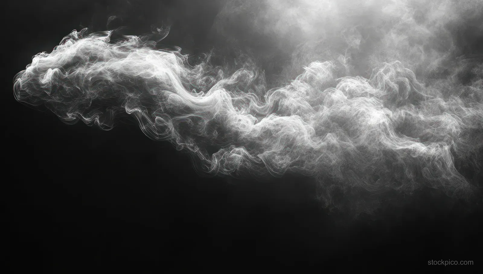 A ribbon of white smoke curls across a dark background under dramatic chiaroscuro lighting.