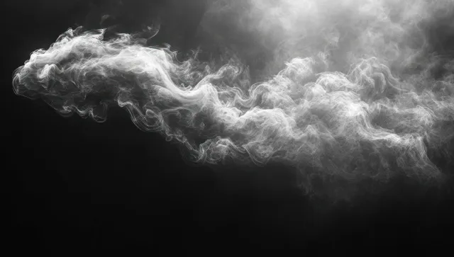 Ethereal white smoke ribbon curls in a dark background with dramatic chiaroscuro light