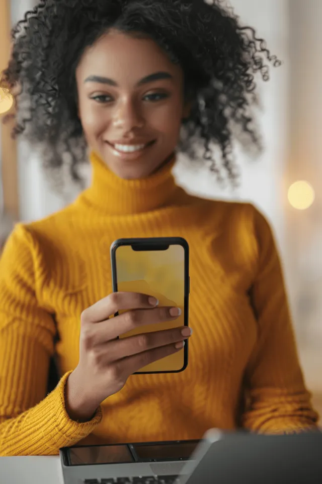 Smiling Black woman holding a smartphone with a blank screen mockup in an office