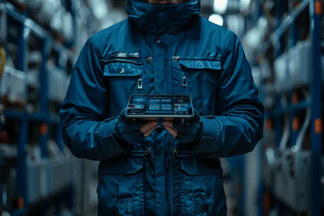 A facility engineer in a navy jacket holds a digital tablet showing security analytics in a server room corridor.