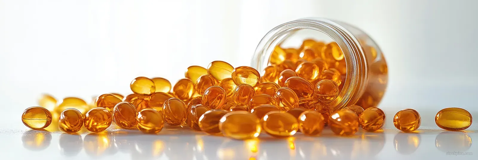 Golden translucent soft gel capsules spill from a glass jar onto a smooth reflective surface.
