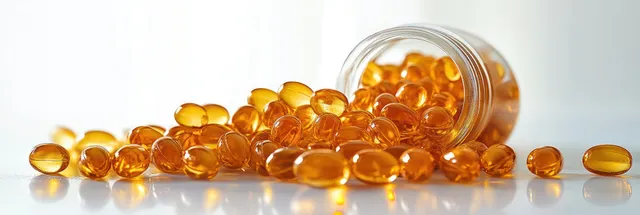Golden translucent soft gel capsules spill from a glass jar onto a smooth reflective surface.