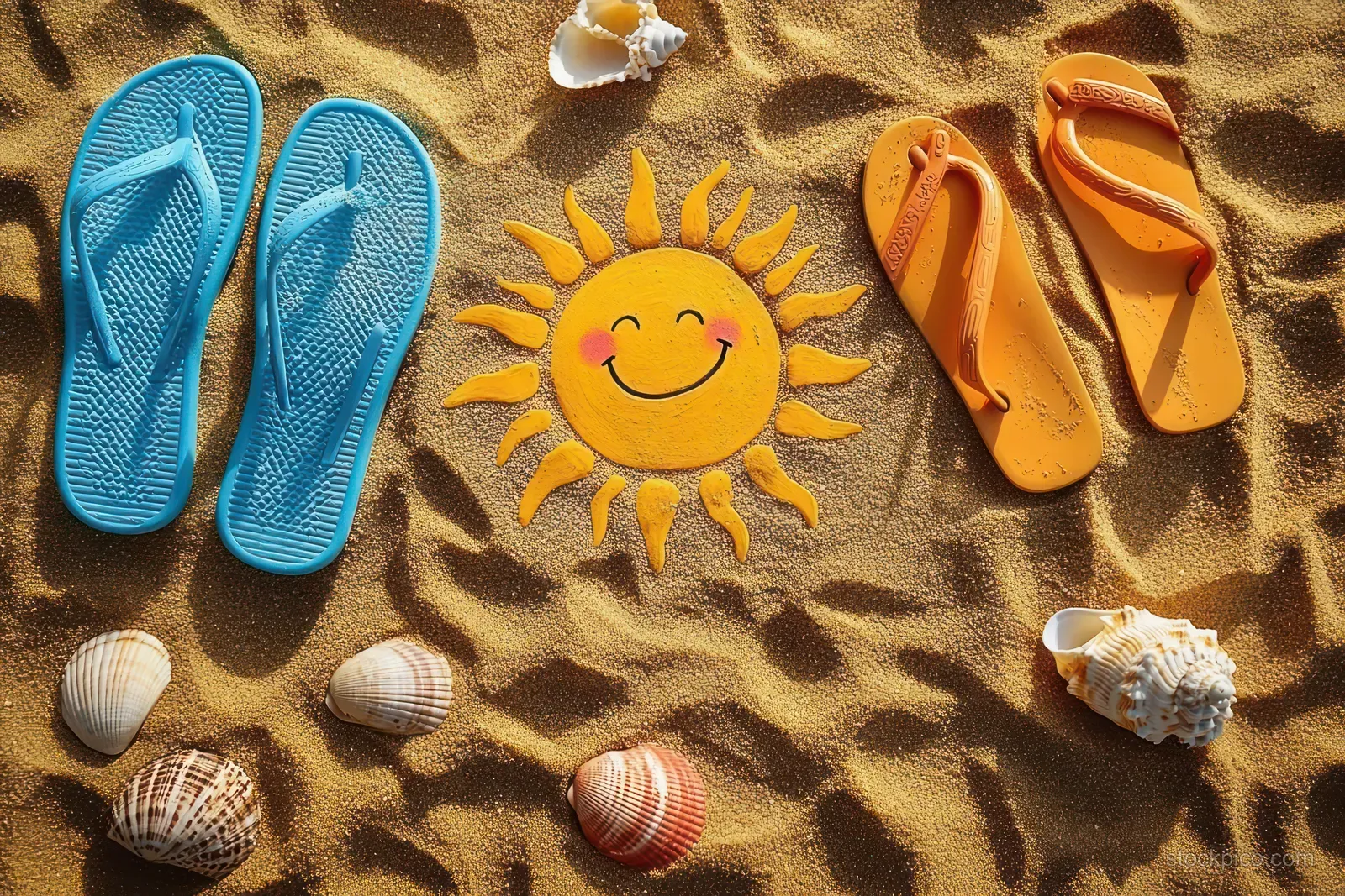 Smiling sun face drawn in sand with flip-flops and seashells scattered on a tropical beach.