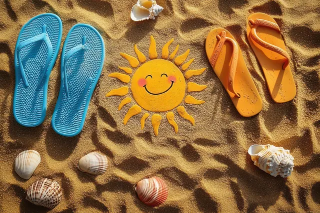 Smiling sun face drawn in sand with flip-flops and seashells scattered on a tropical beach.