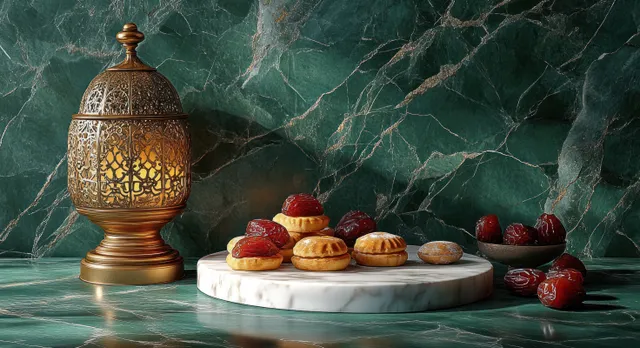 Dates and small pastries sit on a marble slab beside an ornate golden lantern against dark green marble.