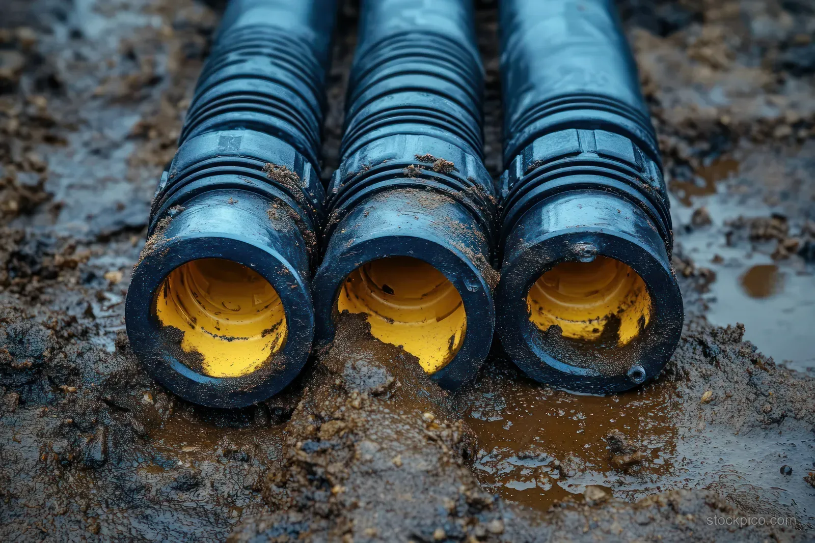 Blue conduit pipe ends with cable connectors rest in a dirt trench outdoors.