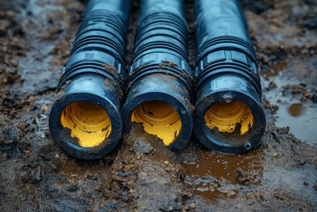 Blue conduit pipe ends with cable connectors rest in a dirt trench outdoors.
