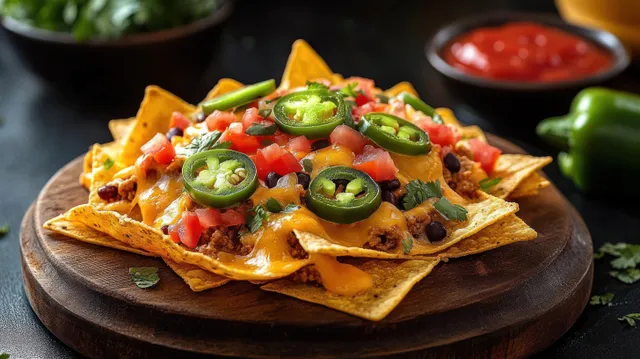 Loaded nachos on a wooden board topped with melted cheddar, jalapeños, diced tomatoes, black beans, and cilantro.