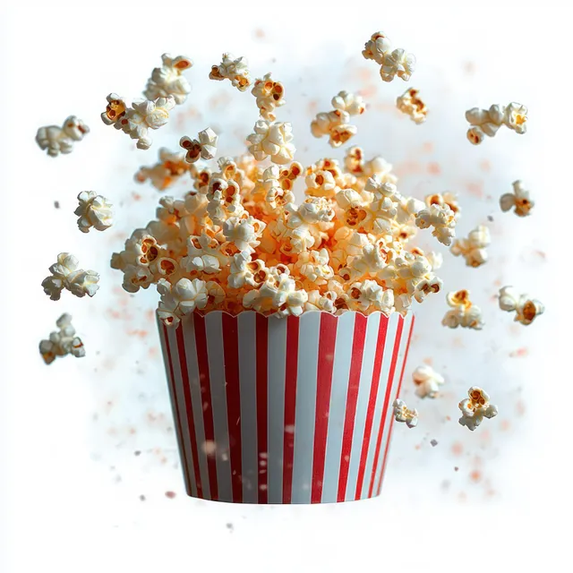 Fresh popcorn spills from a red and white striped bucket with kernels floating mid-air on a white background.