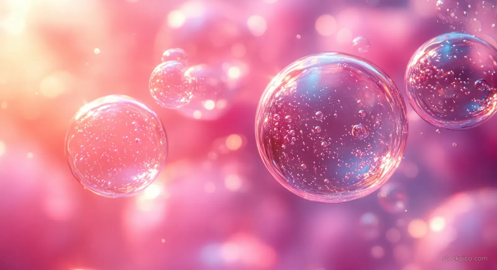 Pink translucent bubble spheres and microdroplets float over a softly glowing skincare serum background.