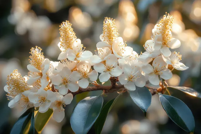 Close-up white flower cluster with golden stamens and glossy dark leaves in warm sunlight
