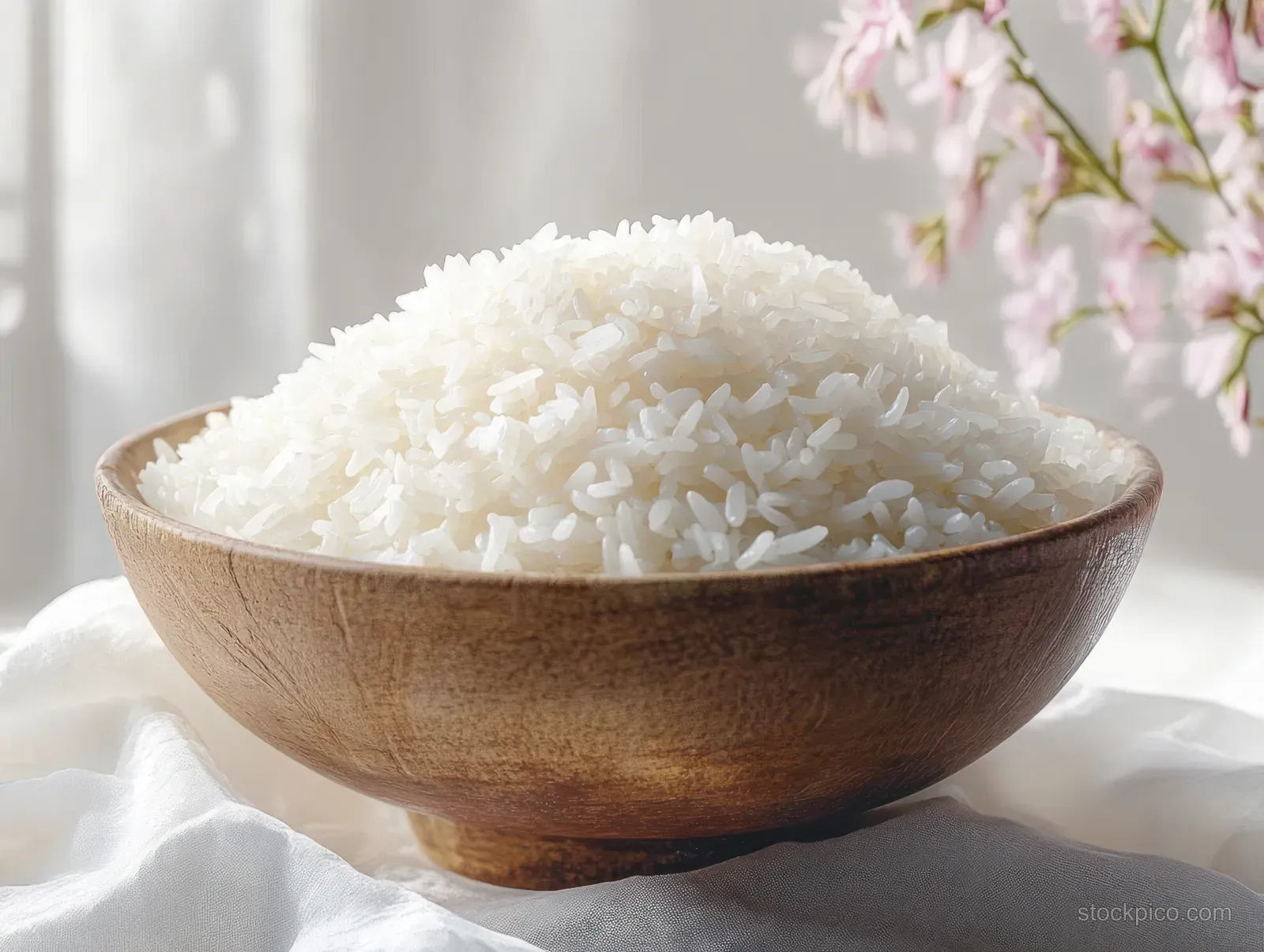 Cooked white rice fills a wooden bowl on white cloth with soft pink flowers softly blurred behind it.
