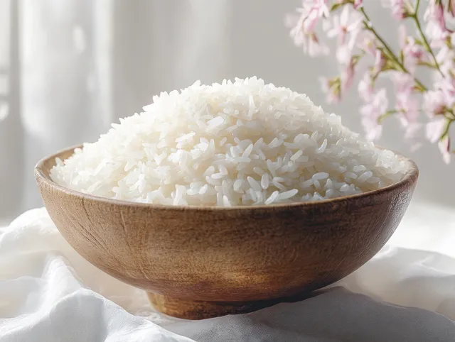 Cooked white rice fills a wooden bowl on white cloth with soft pink flowers softly blurred behind it.