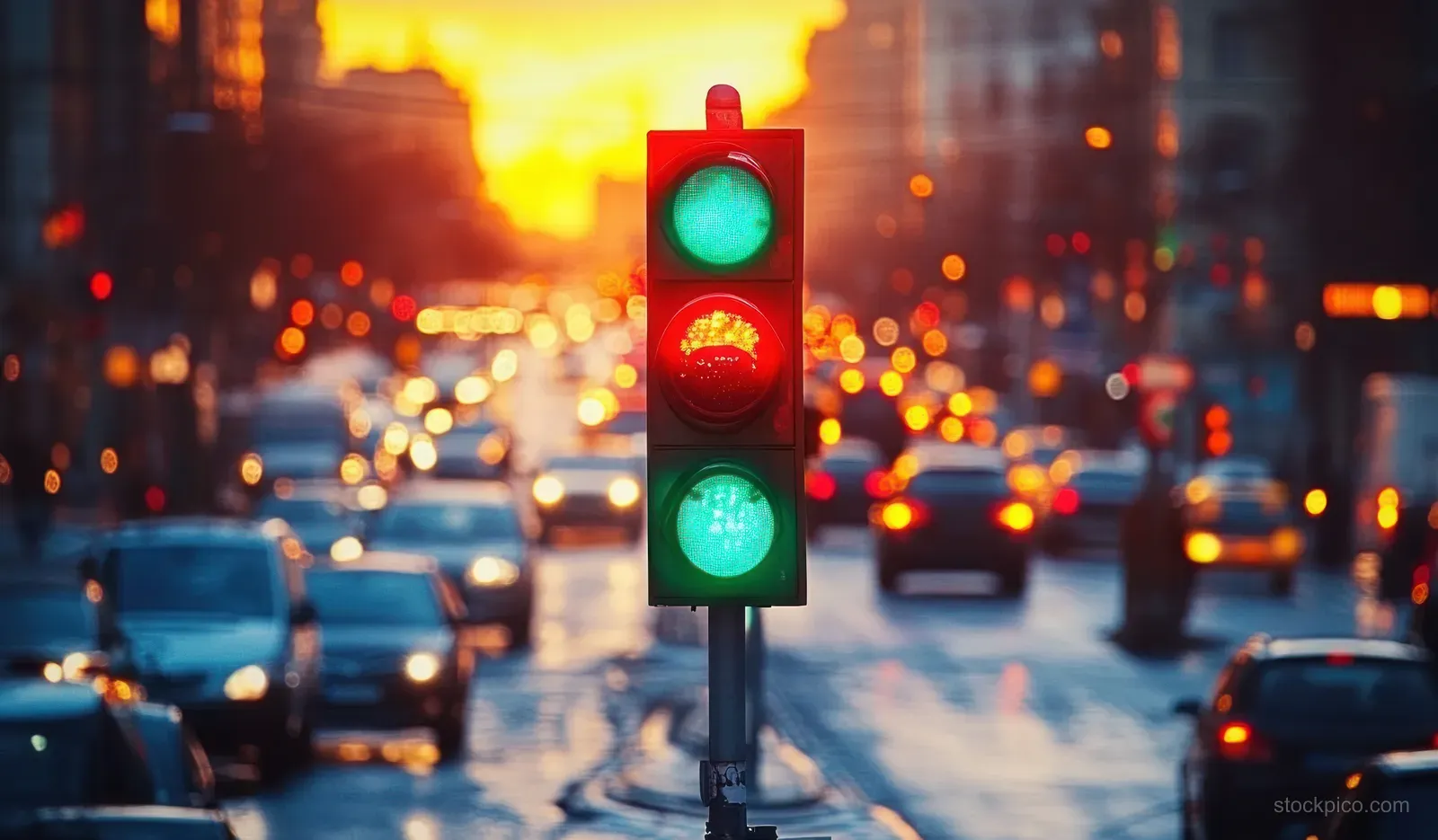 Green traffic light with red signals lit while cars move down a sunlit city street with blurred lights.