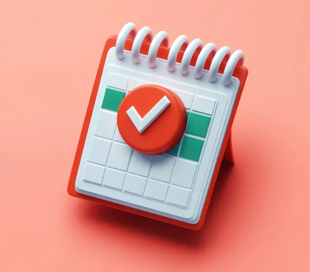A 3D desktop calendar on a peach background with green highlighted dates and a red check mark button.