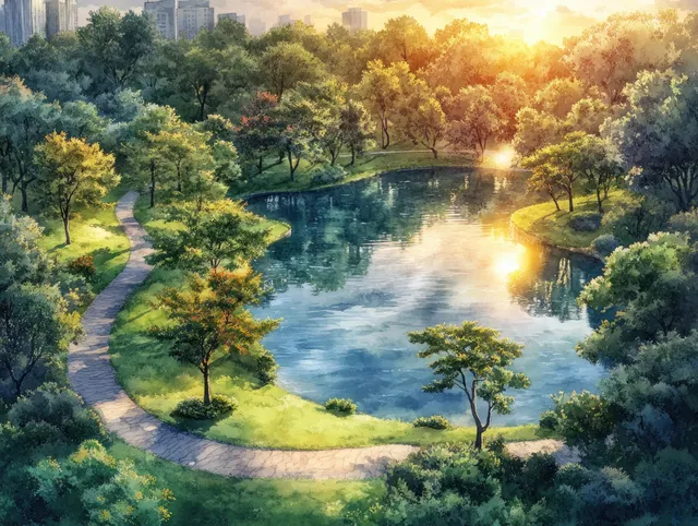 Tranquil park lake with winding paths, sunlit trees, and shimmering reflections