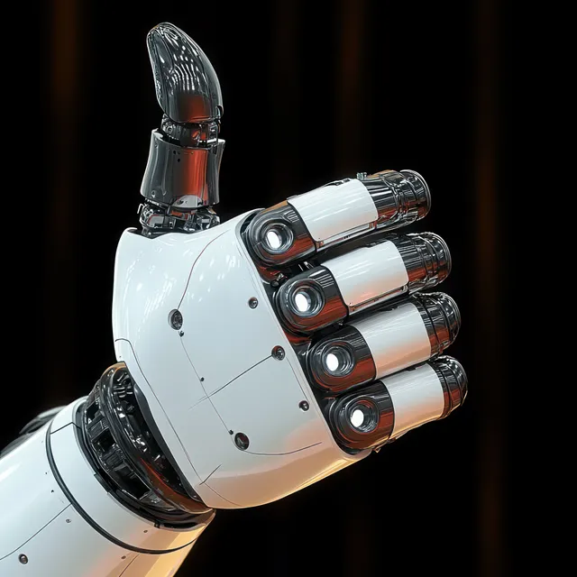 Close-up of a robotic hand with mechanical fingers making a thumbs-up against a dark background.