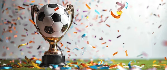 Soccer trophy cup on field, ball perched atop, confetti explosion in celebrating 3D render