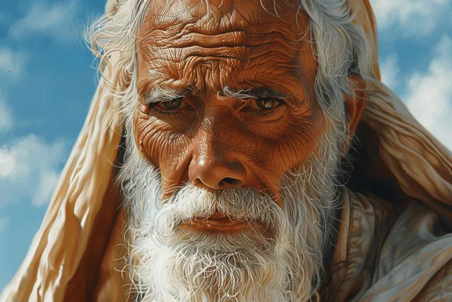 Close-up oil painting of an elderly patriarch with a long white beard looking forward under a blue sky.