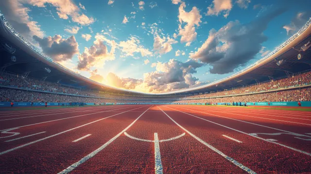 Red running lanes in a crowded Olympic stadium with cheering fans and blue sky at sunset.