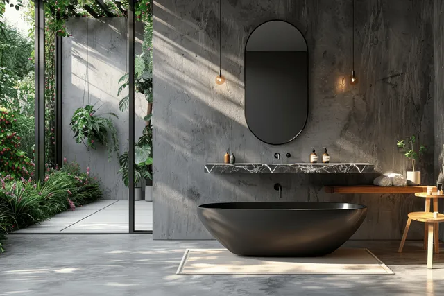 Minimalist bathroom interior showing a black bathtub and marble basin with an outdoor garden visible through glass doors.
