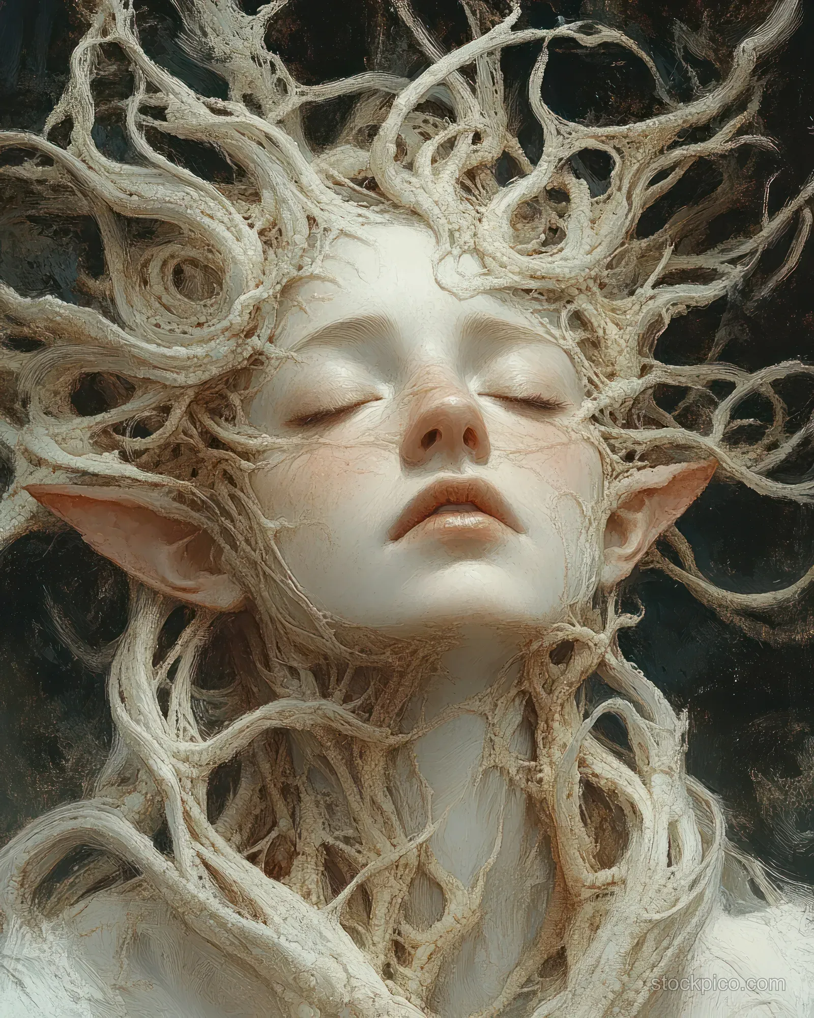 Closed-eyed elf-eared figure wrapped in delicate white root-like strands on a dark background.
