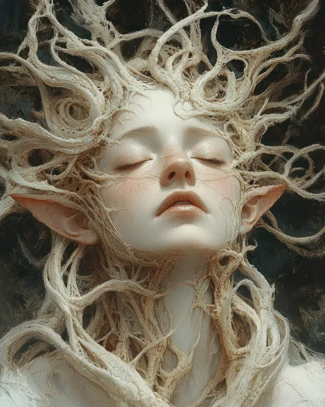 Closed-eyed elf-eared figure wrapped in delicate white root-like strands on a dark background.
