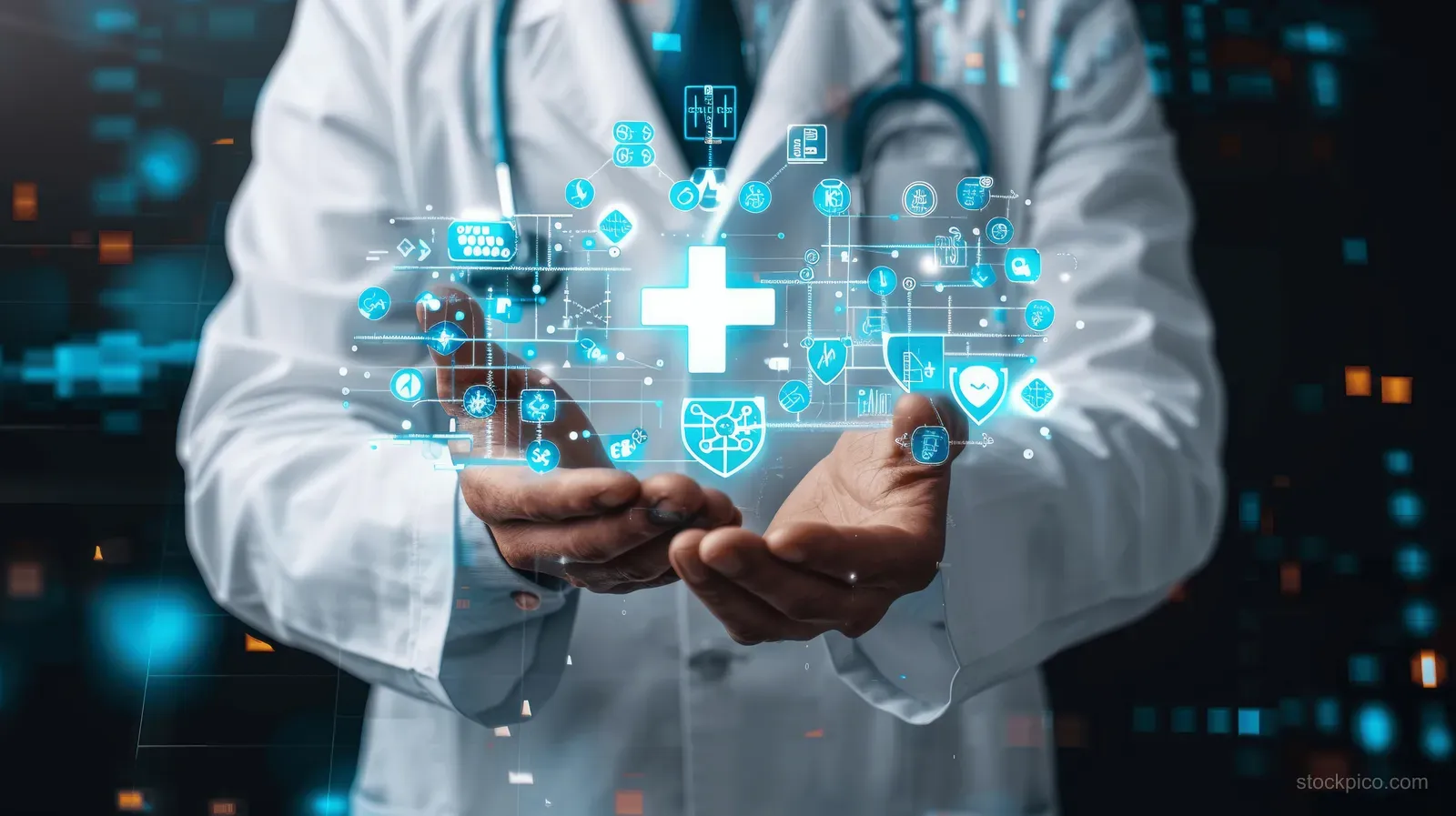 A doctor holds a floating medical cross icon above a digital interface of health care symbols and data.