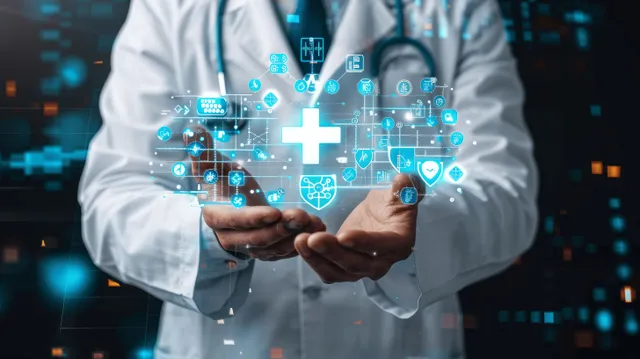A doctor holds a floating medical cross icon above a digital interface of health care symbols and data.