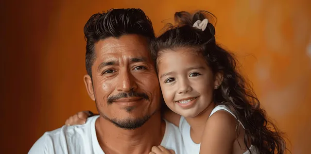 Smiling Hispanic father carrying daughter in close portrait against orange backdrop