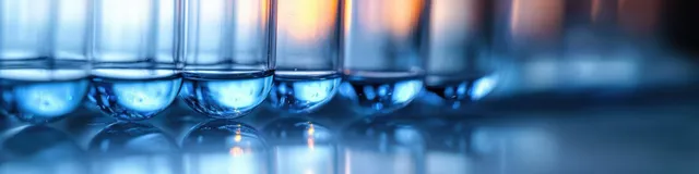 Transparent test tubes with blue liquid catch warm light reflections in a softly blurred laboratory background.