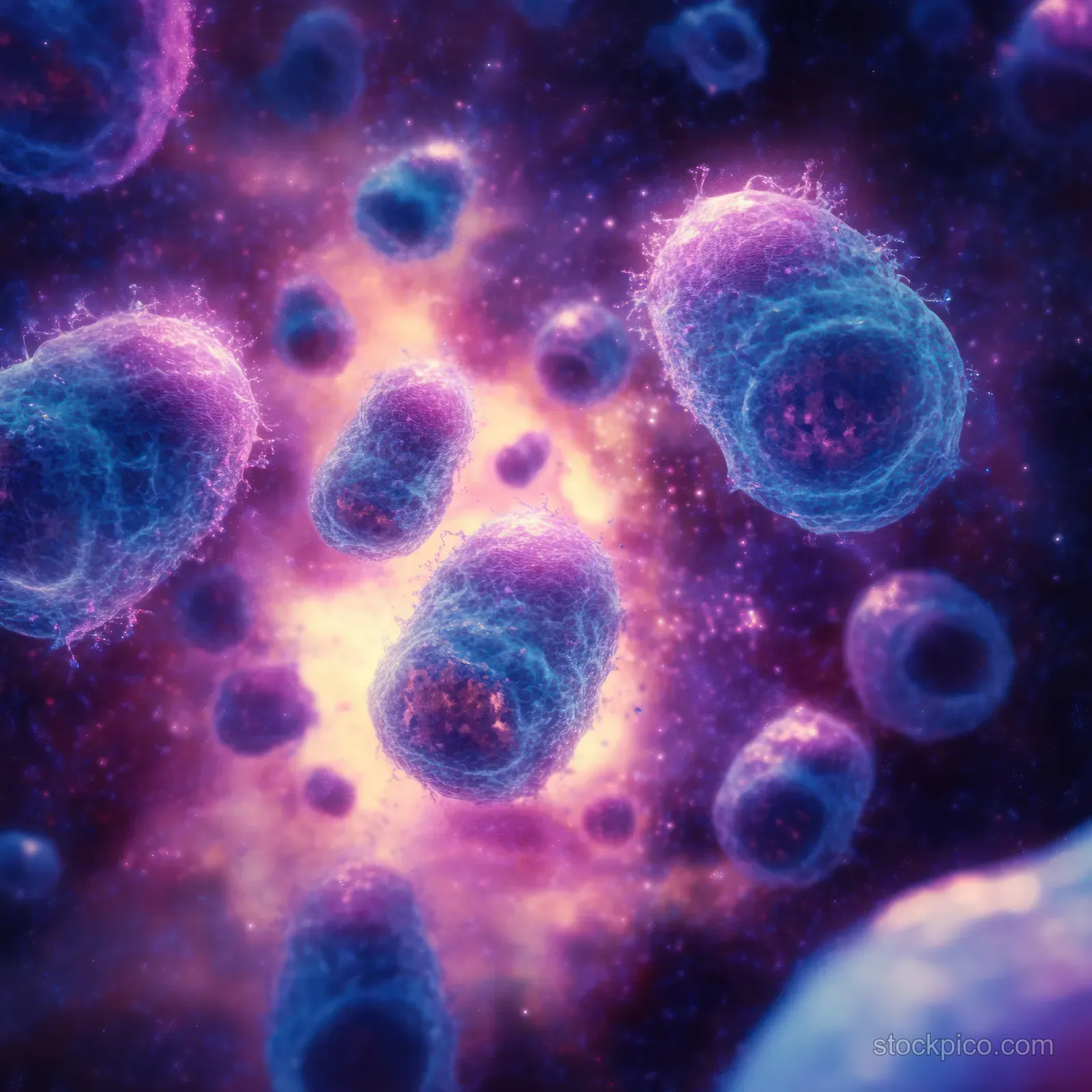Glowing virus particles float through a dark purple biohazard background in an infection illustration.