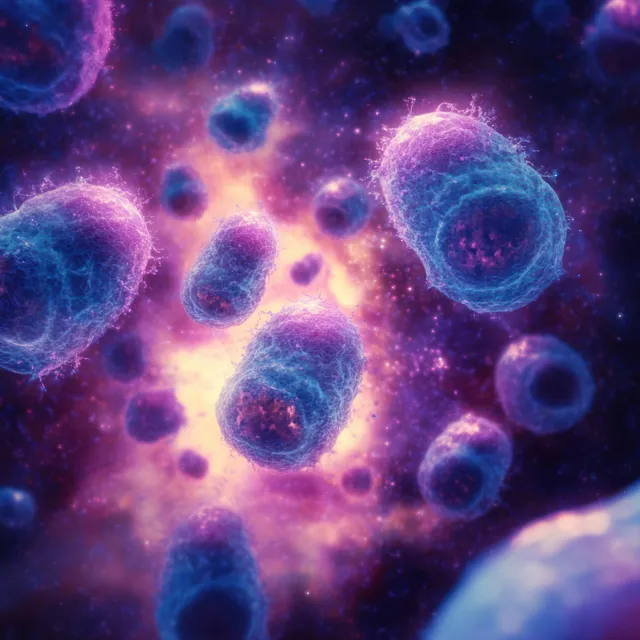 Glowing virus particles float through a dark purple biohazard background in an infection illustration.