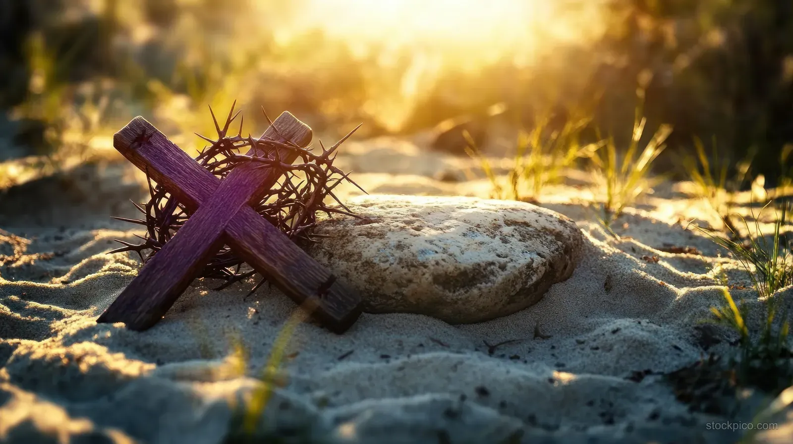 Wooden cross and thorn crown rest on sandy ground with stones and warm sunrise light casting long shadows.