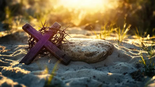 Wooden cross and thorn crown rest on sandy ground with stones and warm sunrise light casting long shadows.
