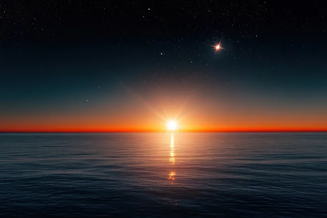 A bright starburst over a twilight ocean horizon, with reflections across calm waves and a dark sky.