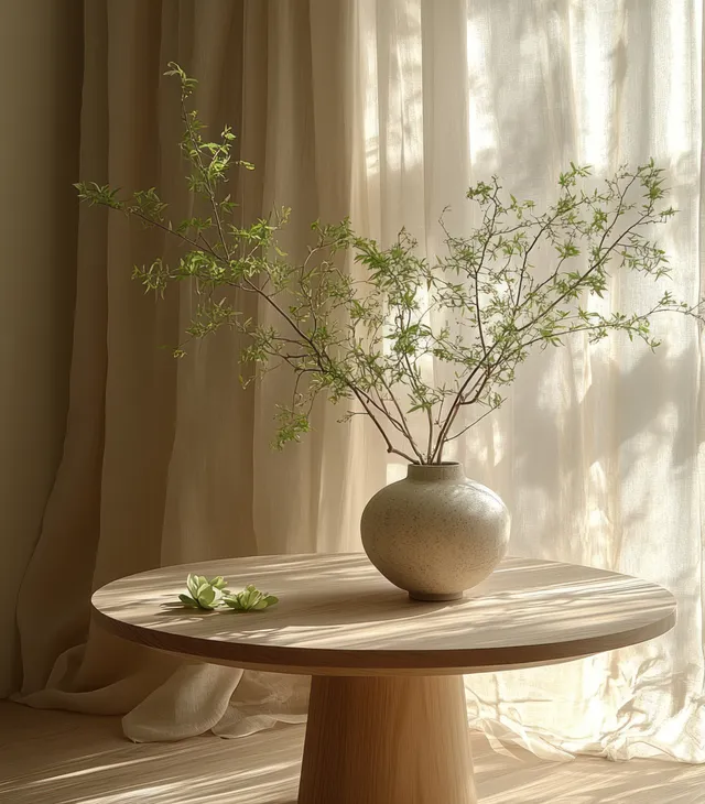 Round wooden console table in a minimalist Scandinavian room with a vase of green leaves by sheer curtains.