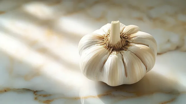 Whole garlic bulb on light marble with soft sunlight and distinct bulb texture