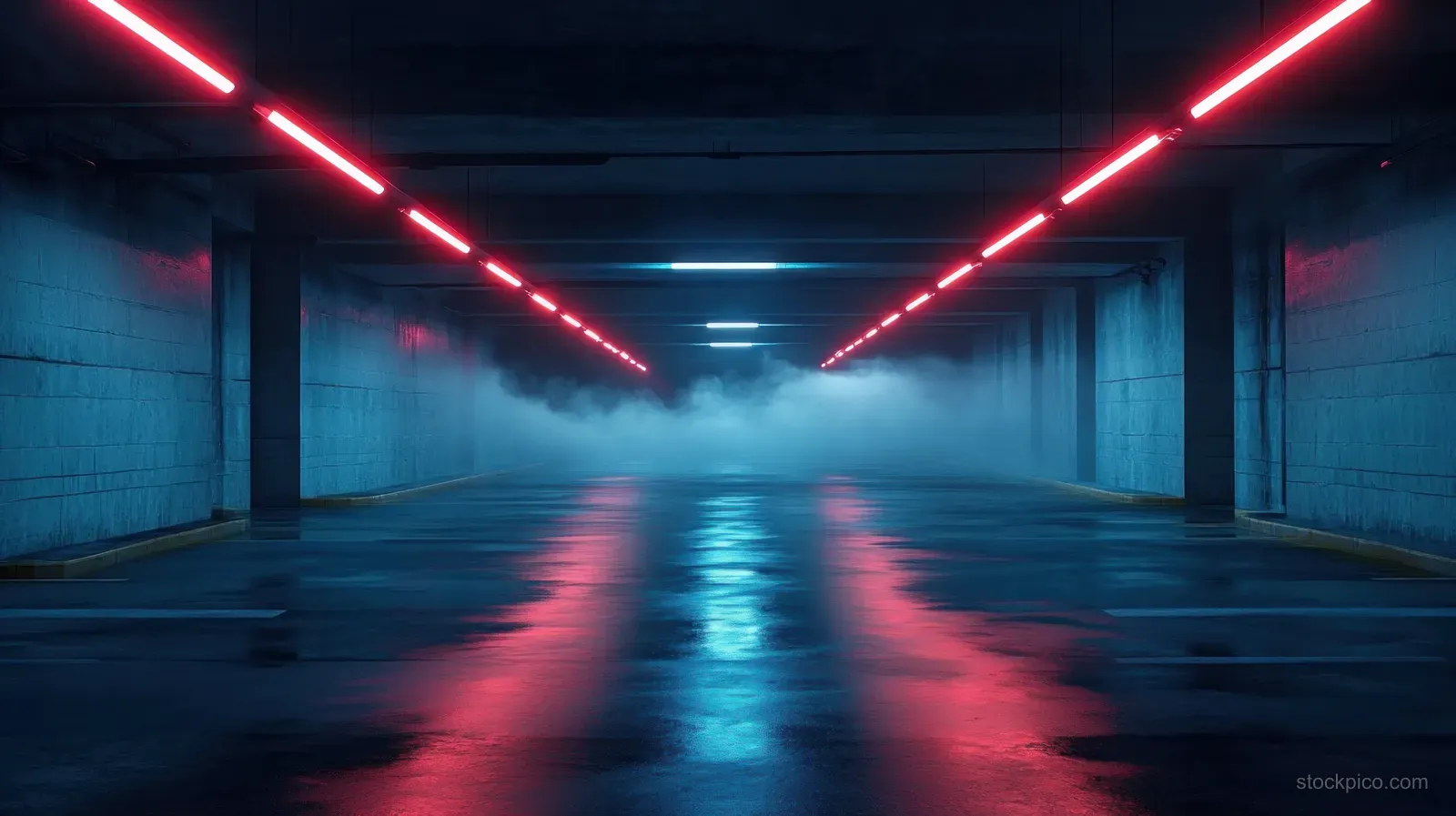Empty underground parking garage hallway with reflective wet floor, neon red and blue lights, and low fog.