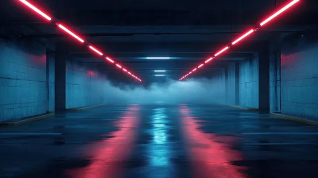 Empty underground parking garage hallway with reflective wet floor, neon red and blue lights, and low fog.
