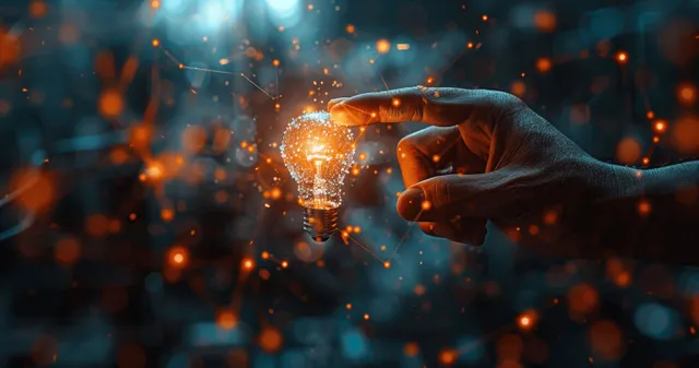 Hand reaching toward a glowing light bulb with digital AI network sparks