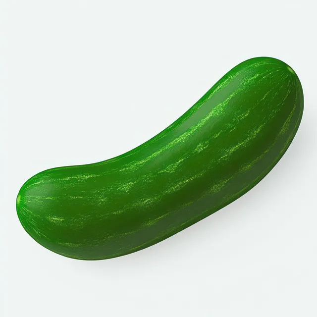 Whole green cucumber isolated on a white background, displaying smooth glossy skin and an elongated curve.