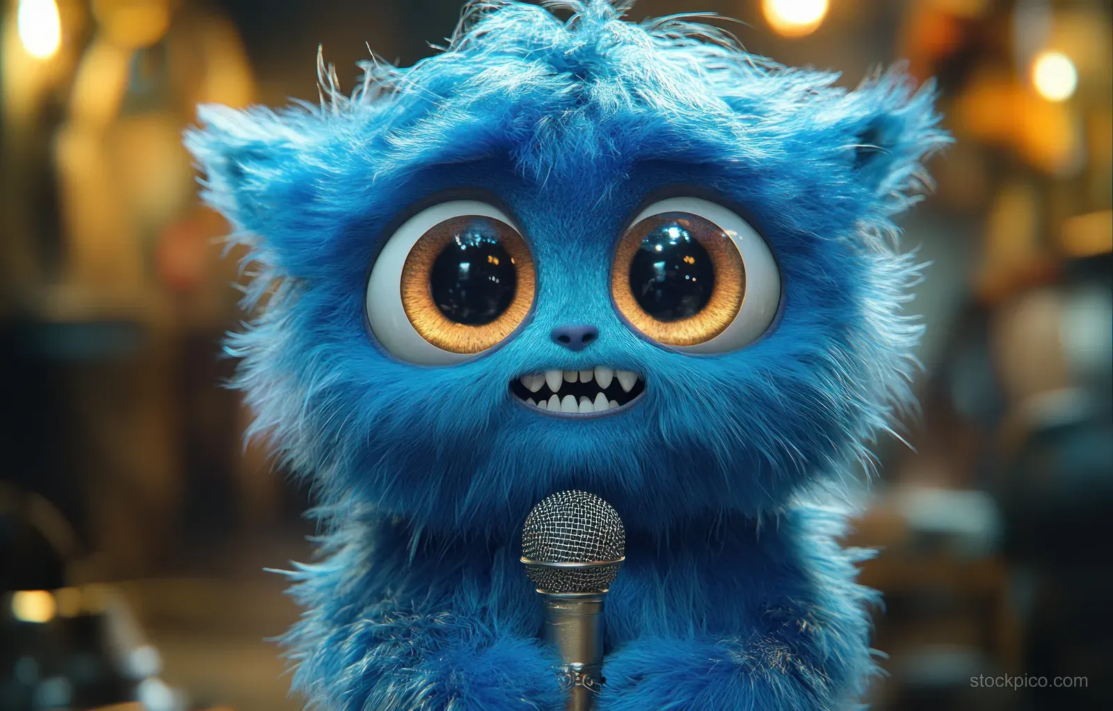 Blue furry monster sings into a silver microphone with wide glowing eyes under warm blurred lights.