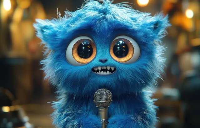 Blue furry monster singing into a silver microphone under warm stage lights