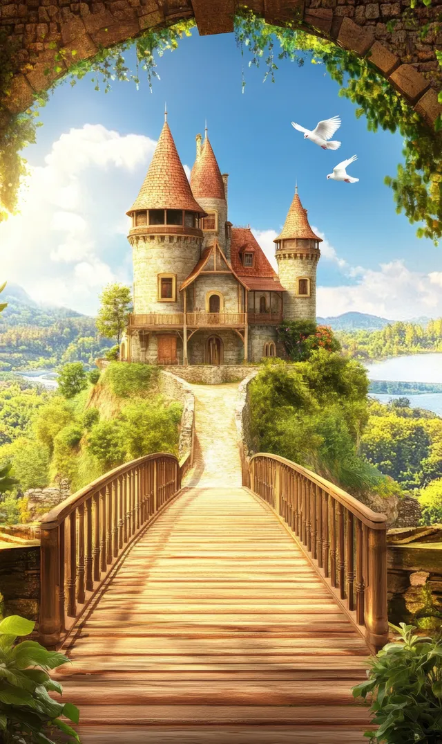 A wooden bridge leads to a turreted medieval castle surrounded by lush gardens beneath a bright blue sky.