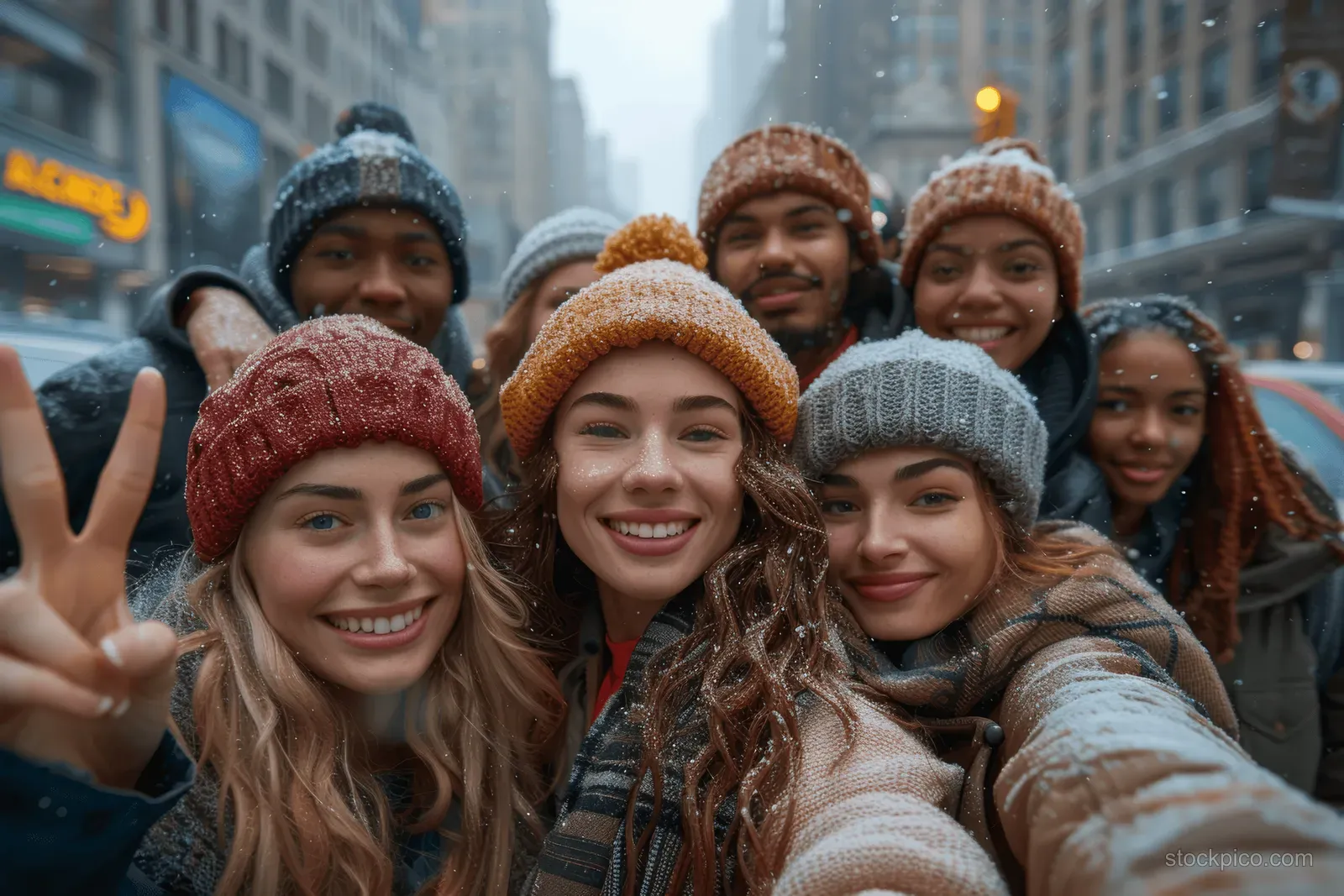 Multiracial friends take a smartphone selfie outside downtown, smiling and making peace signs toward the camera.