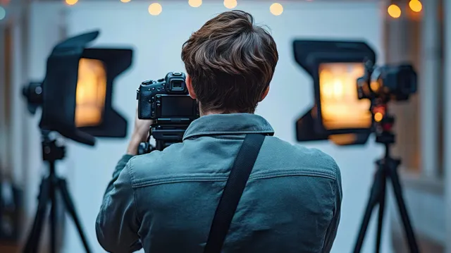 Photographer behind professional camera setup with studio lights and tripods indoors